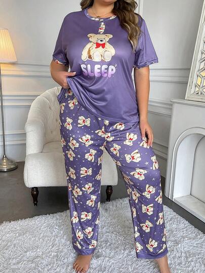 大码女式时尚睡衣套装，拼接设计仿纽扣，卡通熊“SLEEP”图案圆领短袖上衣+短裤两件套休闲套装