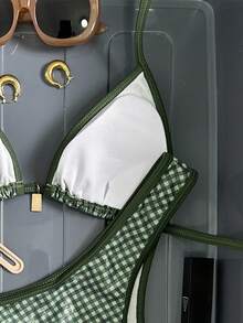 Bộ bikini kim loại kẻ caro gợi cảm phong cách Y2K 2026, áo hai dây + quần buộc dây, đồ bơi nữ, trang phục đi biển, đồ bơi xuyên thấu cho ngày Valentine, món đồ cần thiết cho kỳ nghỉ hè. - kẻ sọc xanh - Xem 7