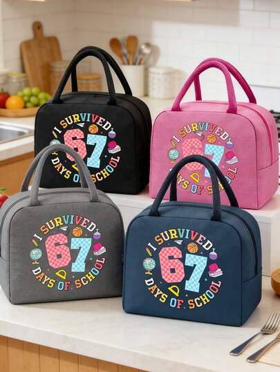 Bolsa de almuerzo aislada con tema divertido de campus, impresa con "Sobreviví 67 días de escuela", diseño de supervivencia escolar divertido, organizador de almacenamiento de alimentos térmico de gran capacidad, bolsa de almuerzo elegante, bolsa de almuerzo espaciosa, bolsa de picnic portátil, disponible en varios colores, lona duradera para eventos escolares, trabajo, picnic, campamento, uso diario, artículos esenciales del campus, temporada de regreso a clases, regalos nostálgicos, regalos de regreso a clases, regalos de cumpleaños, premios de eventos, regalos festivos