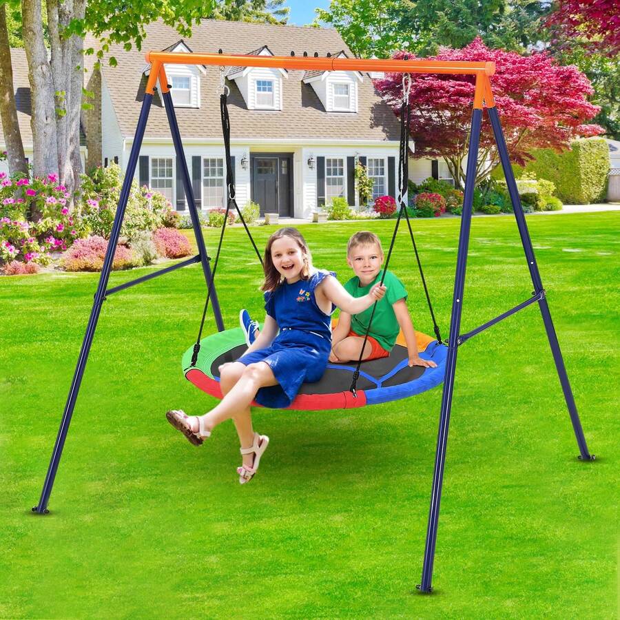 Columpio Platillo 45 Pulgadas con Bastidor para Niños Exterior, Juego de Columpio 200kg con Bastidor Metálico Resistente en Forma de A y Cuerdas Ajustables | Columpio Redondo para Patio, Parque Infantil y Parque, 1 Asiento - Azul - Ver 1