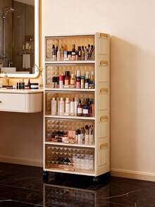 1 pieza Gabinete de almacenamiento plegable de plástico de 40 cm/50 cm de ancho, organizador de almacenamiento con tapa abatible de 1-6 niveles, PP reforzado con ruedas, gabinete multiusos para sala de estar, juguetes y aperitivos, gabinete de almacenamiento de ropa, estantería a prueba de polvo para el hogar, estantería de almacenamiento, caja de almacenamiento, recipiente de plástico, lata de aceite, suministros de almacenamiento de cocina, estante para tazas, 1 lata de aceite, estante para cucharas, estantería de almacenamiento de cocina - transparente - Ver 5