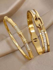 60mm Diameter Fashionable Classic Shiny Decorated Bamboo Knot Design Plated Gold Lightweight Luxury Open Bangle Bracelet For Teenagers - Multicolor - View 1