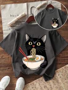少女可爱猫咪印花圆领T恤，夏季上衣 - 深灰色 - 查看 4