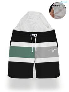 Men's Quick-Dry Mesh Lined Swimming Shorts With Contrast Color, Seagull Print, Drawstring Waist And Side Pockets - Multicolor - View 5