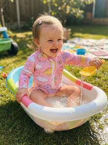 Toddler Girls Rash Guard Swimsuit Rompers Dinosaur Print Ruffles Hem Long Sleeve Crew Neck Kids Bathing Suit - Pink - View 4