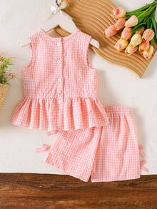 2pcs/Set Young Girl' Sweet Plaid Bow Ruffle Sleeveless Top And Shorts Set, Summer - Pink - View 2