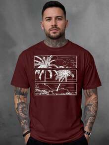 Men's T-Shirt, 100% Cotton, Palms Print - 紫紅色 - 查看 2