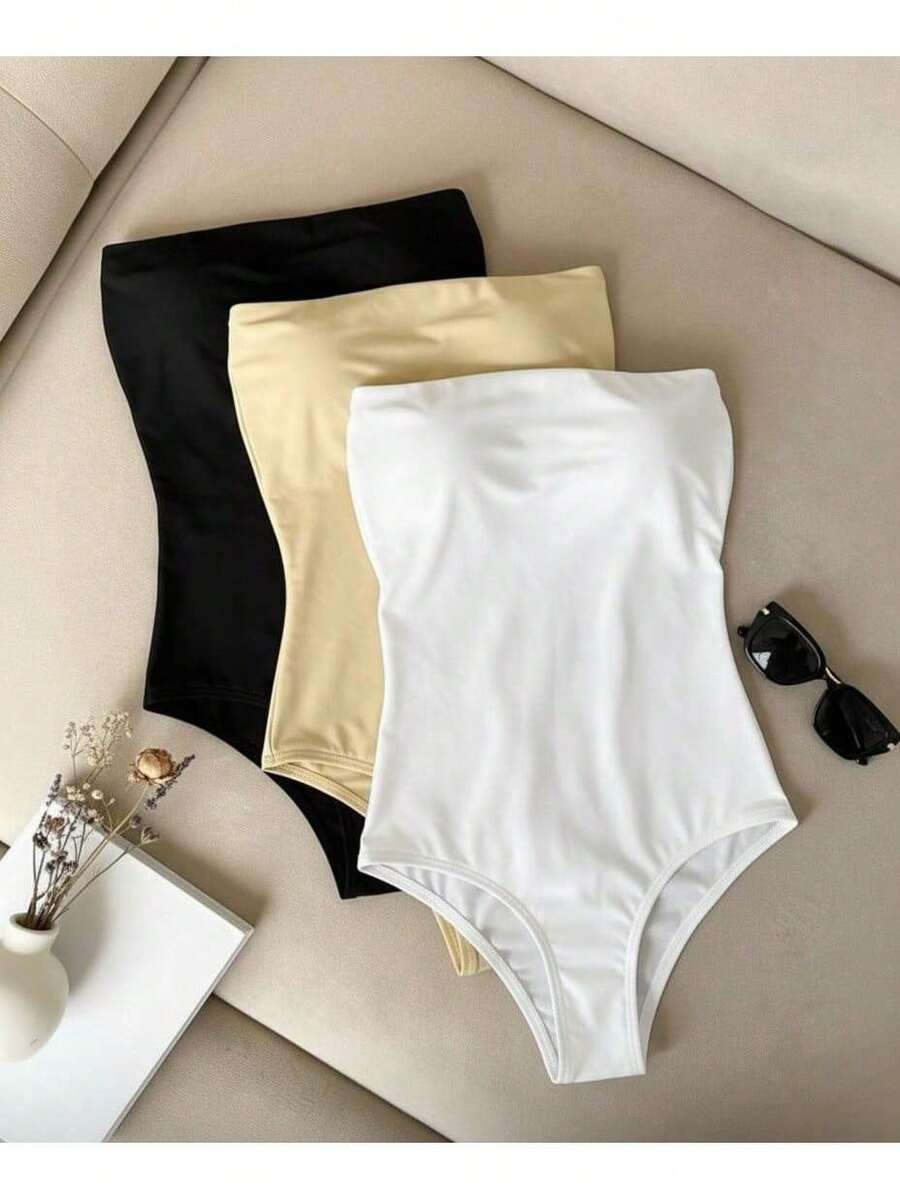 Women's 3-Piece Bodysuit Set, Strapless Bodysuit With Padded Cups, Suplex Fabric, Gift For Boyfriend, Day/Night, BBQ, Work - P/VÀNG/B - Xem 1