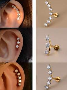 1pc Fashionable Shiny Elegant Stainless Steel 3 Crystal Zirconia Ear Cartilage Piercing Earrings, Flat Back Anti-Allergic Ear Studs, Earlobes Earrings, Flat Lip Rings, Nose Rings, Girls Silver Ear Cuff Piercing Jewelry, Screw Back, Internal Thread, 16G - A Pair Of Flat-bottomed Curved  Stud Earrings - View 2