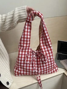 Bolso de hombro a cuadros de moda retro, nuevo bolso de mano casual personalizado de gran capacidad - Rojo - Ver 4