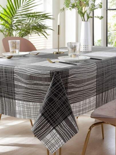 PVC无纺布，简约黑白条纹方格印花长方形桌布，室内外皆宜，适用于派对、客厅和厨房装饰