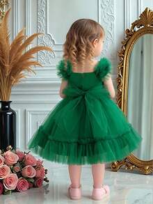 1pc Baby Girls Ruffle Tulle Bow Cute 1st Birthday Party Dress, Suitable For Flower Girl Wedding Celebration, Hair Band Included - Dark Green - View 5