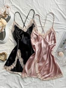 1pc Random  Lace Patchwork Women's Nightdress And Comfortable Pajama Set Women - Đen và Hồng - Xem 6