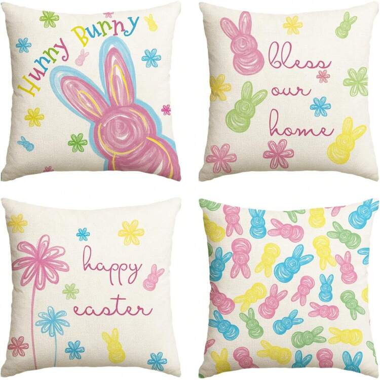 4件套复活节快乐，亲爱的兔子白色枕套，祝愿我们的家充满祝福，花卉图案沙发装饰靠垫套，单面印花，不含枕芯 - 彩色 - 查看 10