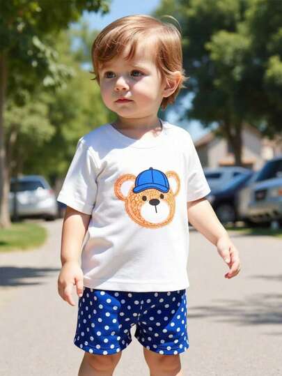 2pcs Baby Boy Bear Print Round Neck Short Sleeve Top And Polka Dot Shorts Casual Outdoor Suit, Summer