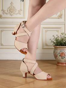 女童时尚搭扣中跟拉丁舞鞋、交谊舞鞋、莎莎舞表演凉鞋、派对舞鞋 - 杏色 - 查看 2