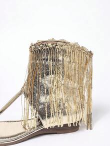 Gold Tassel Women's Bohemian Style Chunky Heel Round Toe Sandals, Versatile Comfortable Casual/Work Wear Shoes For Spring & Summer,Flip Flops - Gold - View 4