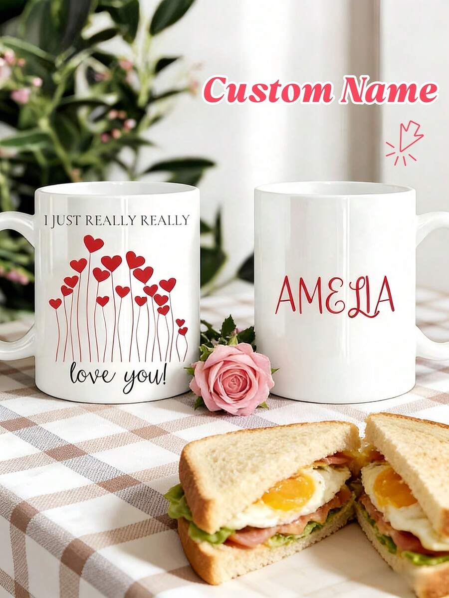 1pc Custom Valentine's Day Ceramic Mug, Personalized With Text For Everyday Use And Special Occasions - White - View 1