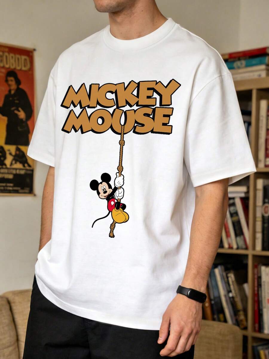 Disney Graphic Tee.Mickey Mouse Rope-Pulling Graphic Print T-Shirt. Versatile OOTD Style, Perfect For Both Home And Outings. An Ideal Gift For Fans. - White - View 1