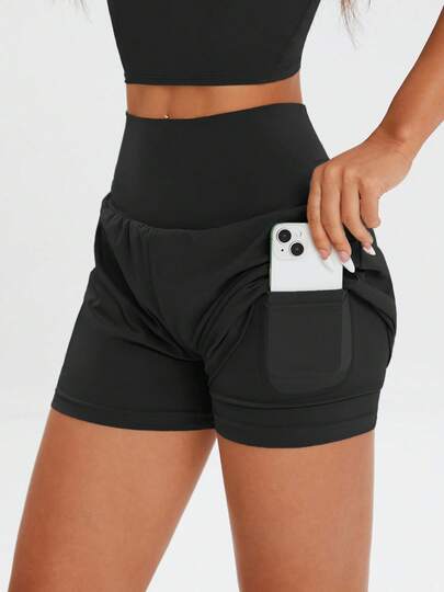 Women's Nylon Elastic High Waist 2 In 1 Sports Shorts, Hidden Pocket Design Suitable For Spring/Summer Running, Gym, Outdoor, Marathon, Tennis