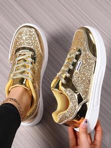 女士休闲亮片运动鞋，学生跑步鞋，闪亮亮片拼接女士休闲运动鞋，适合户外四季穿着，高性能运动鞋 - 金色 - 查看 5