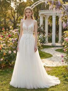 YOUKEFEIER Spaghetti Strap Deep V Lace Embroidery Sexy Long Wedding Dress - Beige - View 5