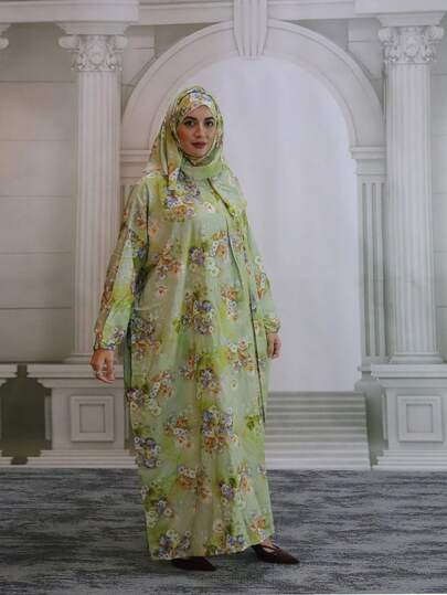 Vestido de oración de manga larga tipo obispo para mujer, vestido largo de tela tejida con estampado floral, decorado con aplicaciones para vacaciones de primavera