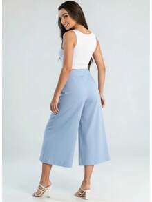 Women's Linen Capri Midi Pantacourt Trousers With Buttons, Wide Leg, Flare, High Waist, Casual Style - Baby Blue - View 2