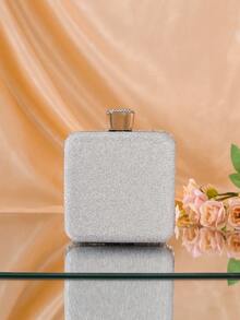 1个银色亚克力水钻装饰女士晚宴包，搭配A级钻石金属链，闪亮皇冠装饰盒形钱包，完美迷人，新娘钱包，适合婚礼、派对、舞会、夜店、生日礼物、情人节礼物、聚会、单肩包、手提包、手拿包、化妆包 - 銀色 - 查看 6