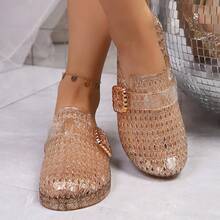 女士果冻鞋，透明水晶包头平底鞋，时尚镂空凉鞋 - 金色 - 查看 8