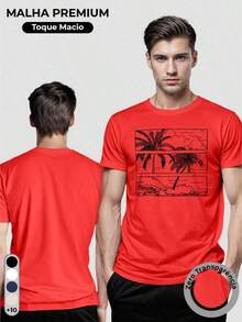 Men's T-Shirt, 100% Cotton, Palms Print - 紅色 - 查看 3