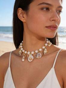 imoli 1pc Bohemian Style Resin Beaded Seashell Pendant Necklace, Jewelry Gift Suitable For Beach Vacation - 29132-g - View 2