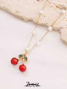 1pc Fashion Stainless Steel Cherry Charm Pearl Chain Necklace For Women Choker Necklaces Female Jewelry Best Friends Gifts - necklace - View 6