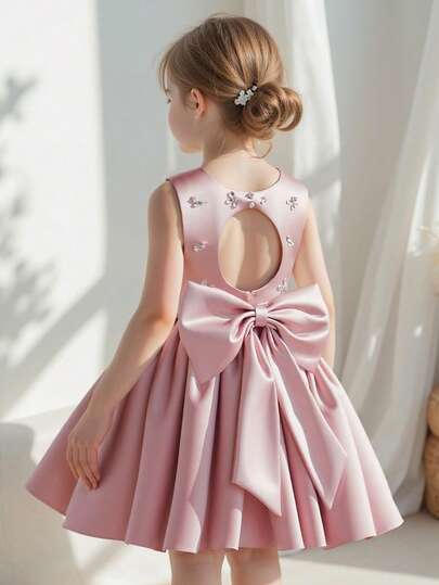 粉色优雅奢华露背派对礼服，饰有水钻和缎面蝴蝶结，公主裙，适合宴会、生日、派对、婚礼、舞会、毕业典礼、花童等场合