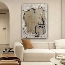 1pc Large Modern Abstract Black Line Art On Cement Canvas Wall Painting - Handmade Oil Texture Mural With Wood Frame, Minimalist Black & Contemporary Artwork Living Room, Home Office Decor - Ready-To-Hang Holiday, Housewarming - 1 - View 1