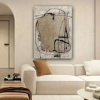 1pc Large Modern Abstract Black Line Art On Cement Canvas Wall Painting - Handmade Oil Texture Mural With Wood Frame, Minimalist Black & Contemporary Artwork Living Room, Home Office Decor - Ready-To-Hang Holiday, Housewarming