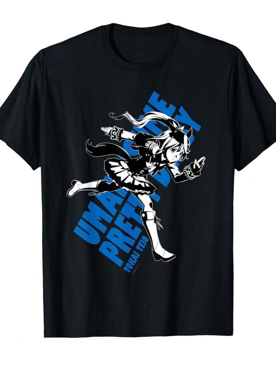Men'S Anime Umamusume Pretty Derby Tokai Teio Graphic T-Shirt - Officially Inspired Retro Japanese Manga Style, Dynamic Action Pose & Uma Musume Lettering, Vibrant Blue & Black Anime Character Art, Grap - Black - View 1