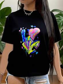 Camiseta con Estampado de Corazones Coloridos para Mujer, Ropa Casual, Regalo de San Valentín, Camiseta de Moda, 180g - Negro - Ver 3