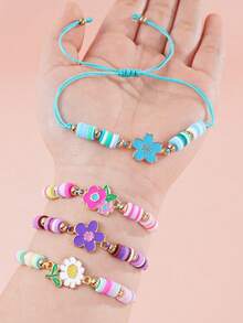 6件套铜镀锌合金向日葵雏菊吊坠可调节手链，适合女孩佩戴 - 彩色 - 查看 6
