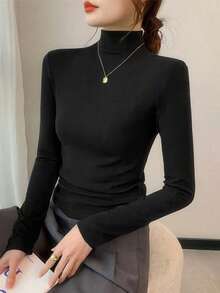 270克秋冬季保暖高领长袖打底衫，保暖显瘦，纯色长袖上衣，黑色，百搭休闲款 - 黑色 - 查看 2