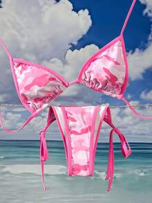 两件套女士性感迷彩印花比基尼套装，可调节侧系带三角泳裤，适合海滩、度假、夏季穿着，粉色 - 粉色 - 查看 2