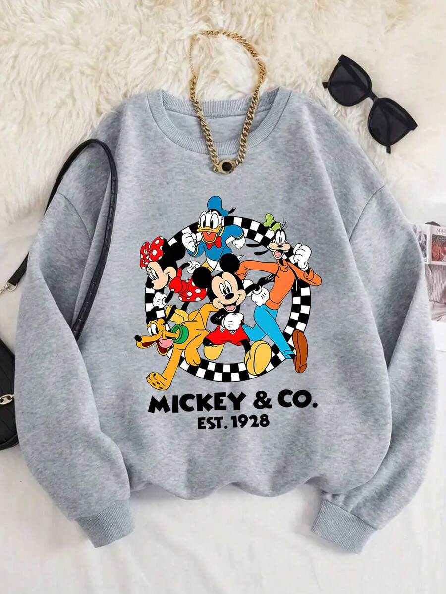 1pc Disney Mickey Mouse & His Cartoon Buddies Tween Boys Retro Sweatshirt (Classic Cartoon Crew Print) - Lightweight & Easy-Care For Everyday Wear & Youth Group Activities - Xám - Xem 1