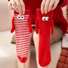 1 Pair Cute Red Women's Socks With Spring/Summer Cartoon, Socks That Can Hold Hands, Magnetic Hand Holding New Year's Mid Tube Socks - Multicolor - View 5
