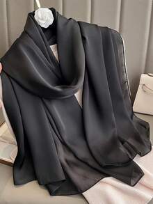 1条女士纯色多功能新款缎面长围巾，适合婚礼、披肩等场合。 - 黑色 - 查看 1