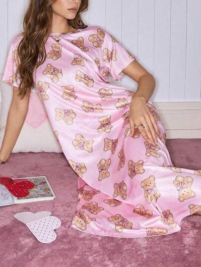 Women's Cute Pink Bear Print Comfortable Washable Nightgown, Summer