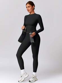 NcmRyu 一套女士时尚圆领紧身长袖上衣和长裤运动服套装 - 黑色 - 查看 4