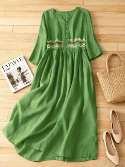 Vintage Embroidered Dress, Hobo Style Aesthetic Round Neck 3/4 Sleeve Embroidered Midi Dress, Elegant Embroidered Women's A-Line Dress, Holiday Women's Vintage Style Simple Daily Summer Dress, Bohemian Vacation Embroidered Decor