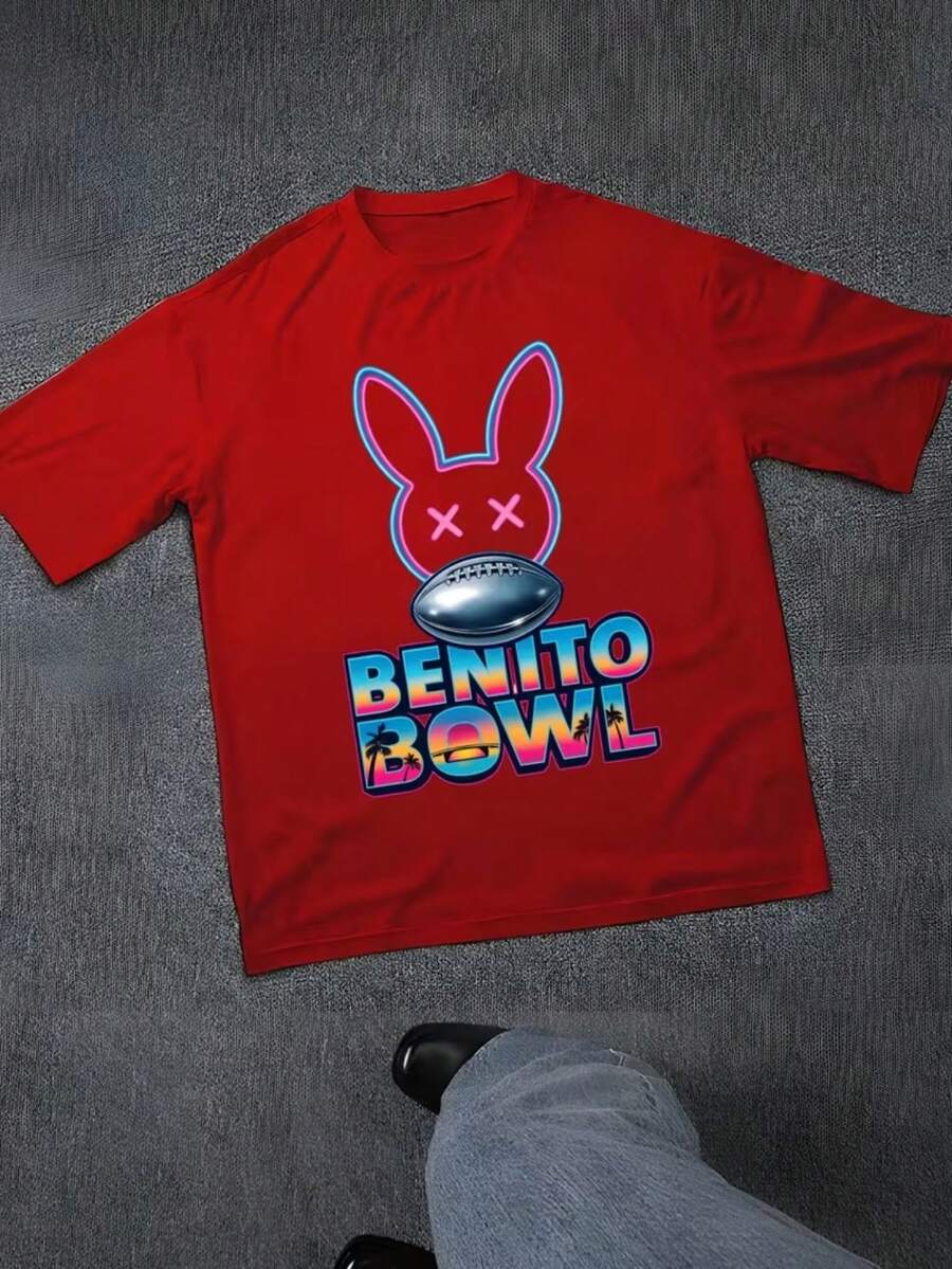Men's Patterned T-Shirt Benito Bowl Red Neon Rabbit Football Design | Casual Street Style, Machine Wash, Regular Version, Suitable For All Seasons, Fun And Fashionable, Durable, Short Sleeves, Round Neck. - 紅色 - 查看 1