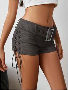 Vintage Style Faux Suede Dark Gray Solid Color Belt Accent Side Lace-Up Low-Rise Micro Shorts - Màu xám đen - Xem 4