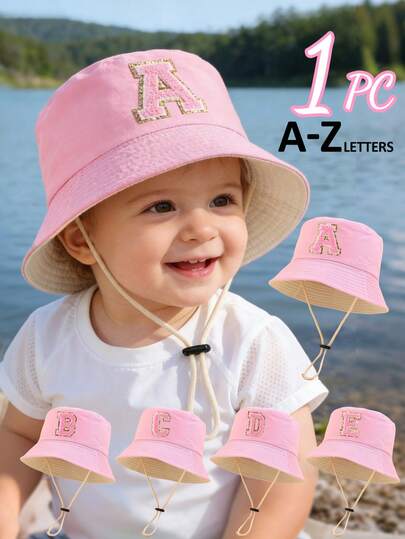 1pc Kids A-Z Letter Patch Wide Brim Bucket Hat, Adjustable Drawstring, Sun Protection, Suitable For Daily Outdoor & Beach Wear